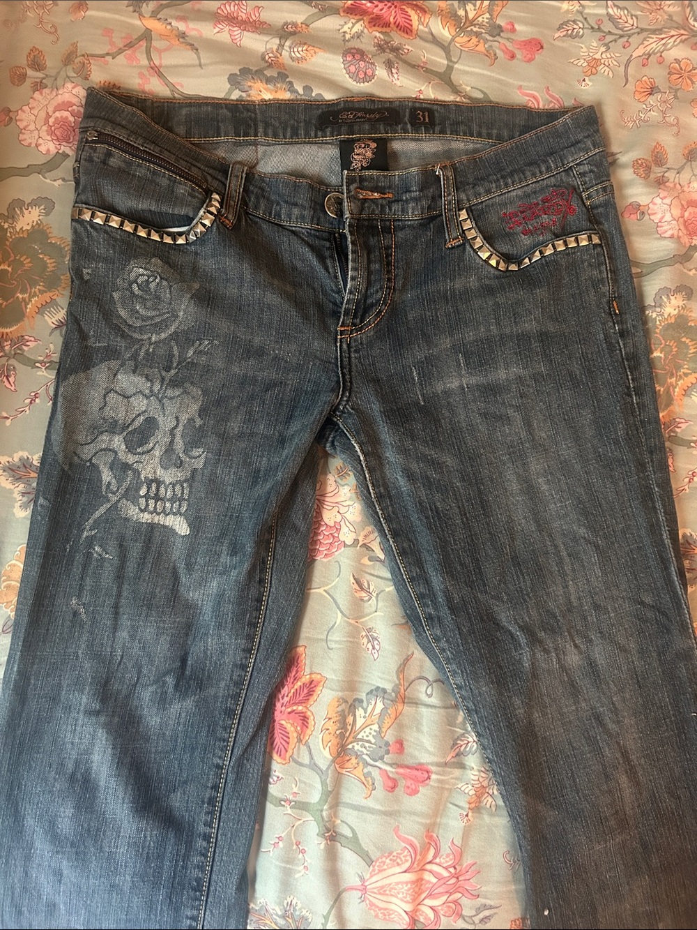 adidas Blue Straight-Leg Jeans with Skull & Rose Graphic and Stud Trim
